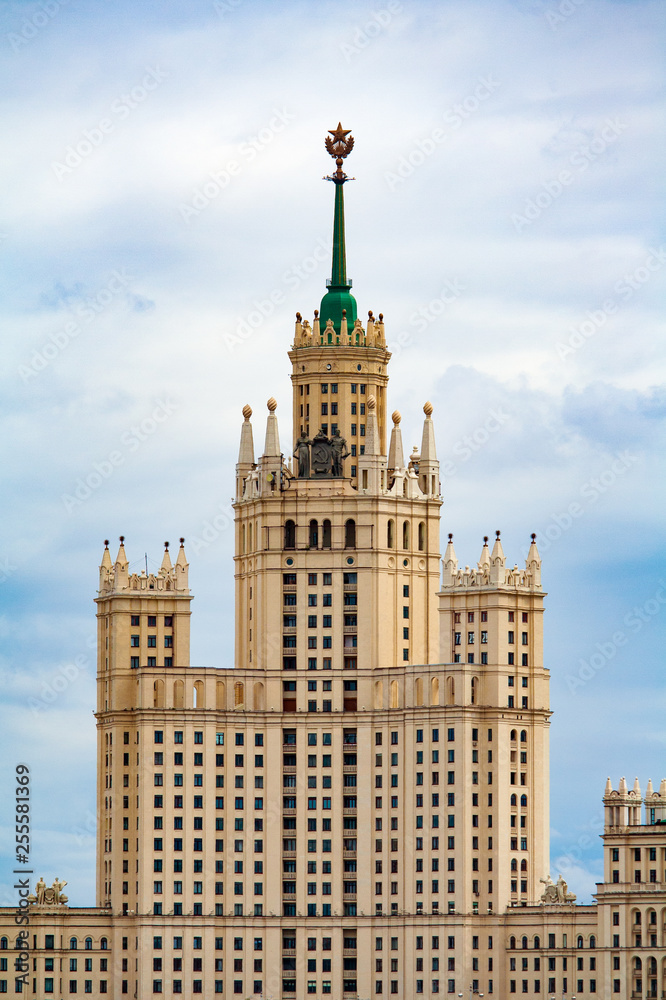 Close up view on the high-rise building on Kotelnicheskaya Embankment in Moscow against a overcast sky (Russia) Close up view on the high-rise building on Kotelnicheskaya Embankment in Moscow against a overcast sky (Russia)