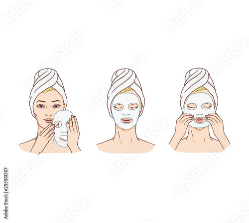 Vector woman applying facial mask, face treatment