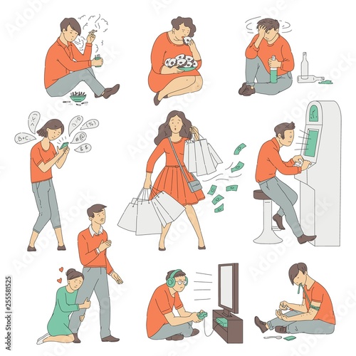 Vector young people with different addictions set