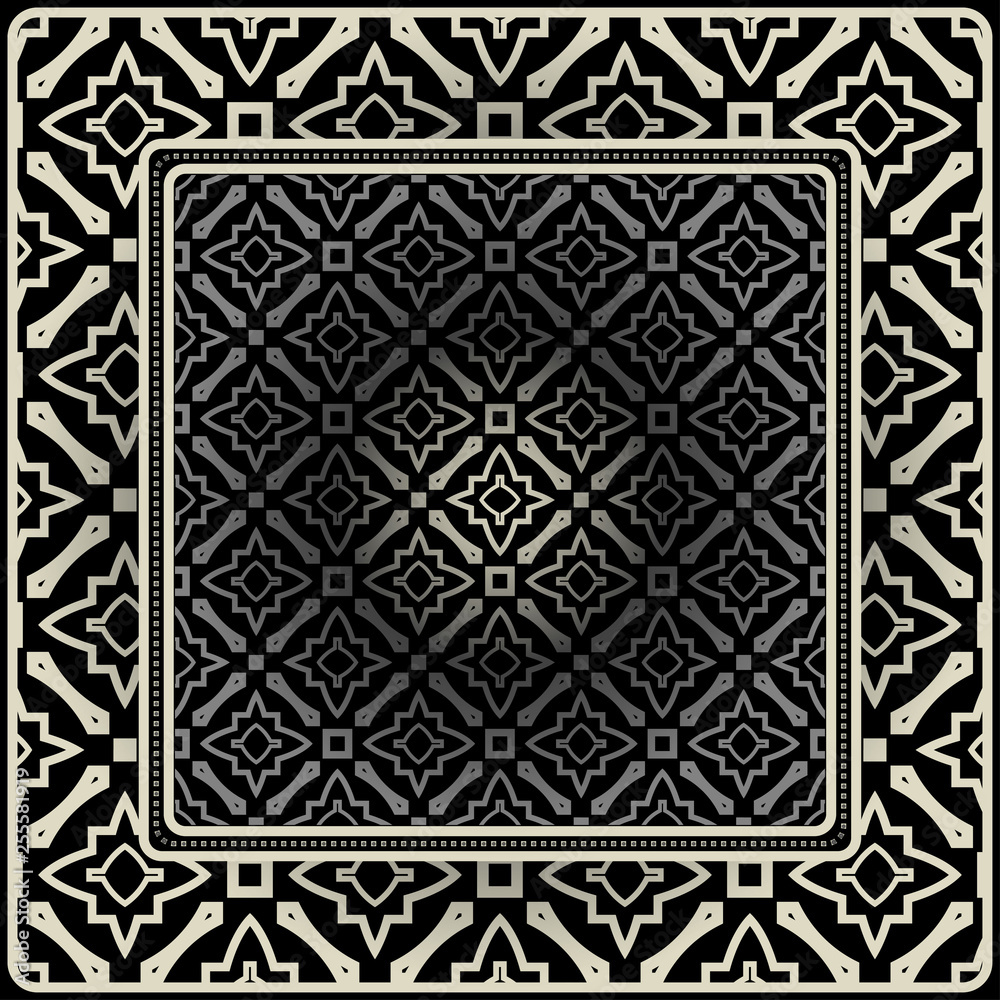 Design Print For Kerchief. The Pattern Of Geometric Ornament. Vector Illustration. The Idea For Design Prints For Neck Scarves, Carpets, Bandanas. Black silver color