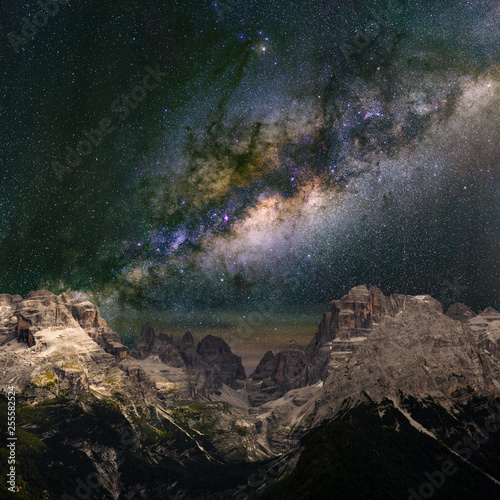 Milky Way over the mountains. The Dolomites in Modonna di Campiglio, Italy.
