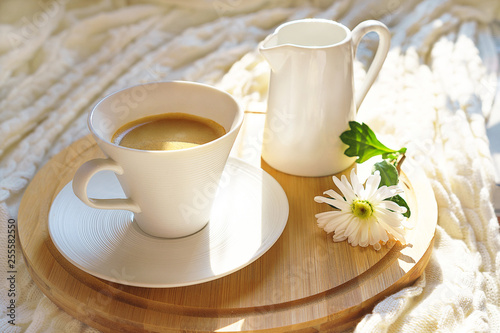 Top view on cup of coffee with milk and white flower on a round wooden tray on cozy knitted plaid in soft morning sunlight.