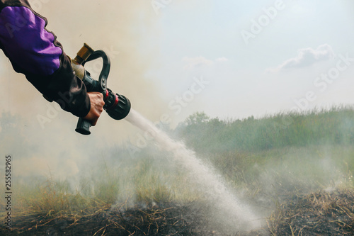 firefighters spray water to wildfire. firefighter extinguishes a forest fire