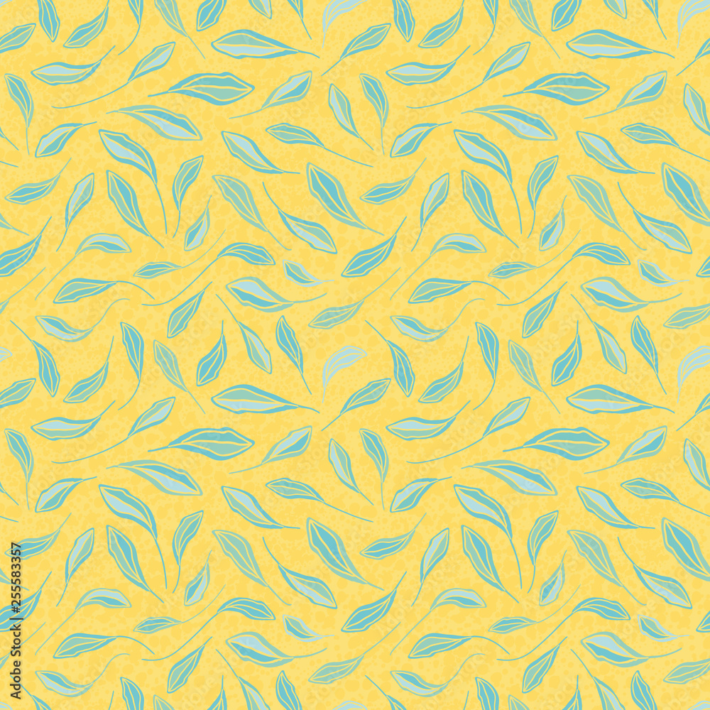 Light blue hand drawn leaves on textured yellow background. Seamless vector repeat pattern with modern fresh vibe. Great for wellbeing, organic, beauty, spa products, homedecor, giftwrap, stationery