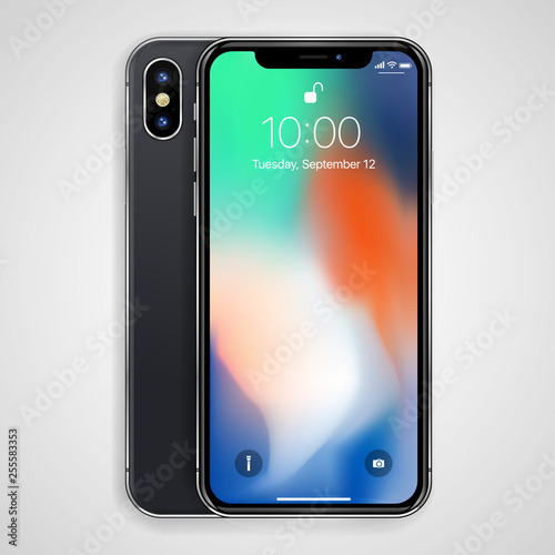 Smartphone in black color with blank screen. I phone X mockup - Simple way to put a picture or screenshot below glossy, shiny screen layer, which affects each pattern - in eps10
