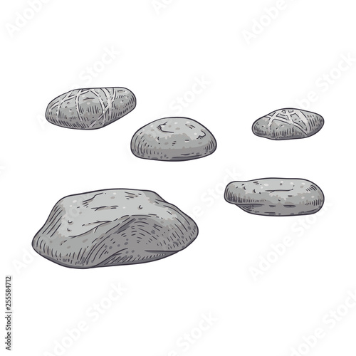 Vector illustration set of grey scattered sea pebbles in sketch style.