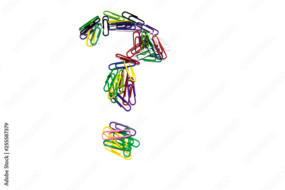 Question mark from color clips, with soft blur at the bottom, on a white background