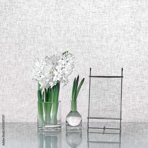 Hyacinth flowers and glass transparent frame against canvas background. photo