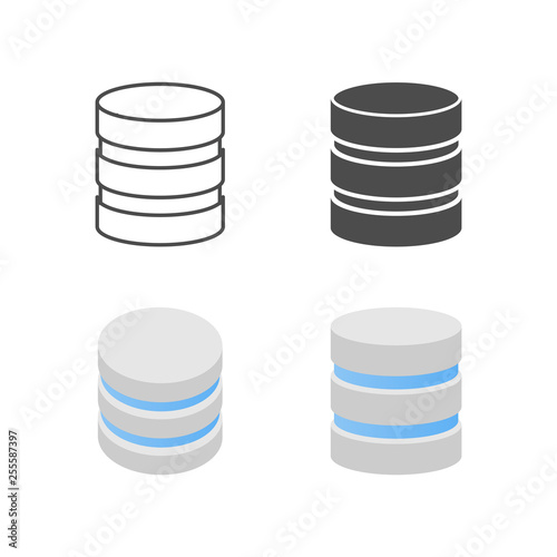 Database icon outline, silhouette, isometric, flat styles