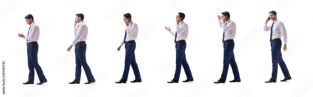Businessman walking standing side view isolated on white backgro