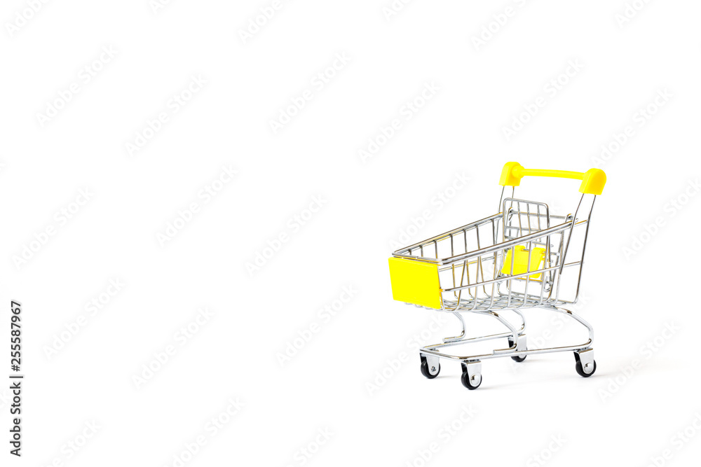 Shopping cart trolley basket is empty isolated on white background. Conception Festive Sale Discount. Trading Supermarket Retail.Copy space .