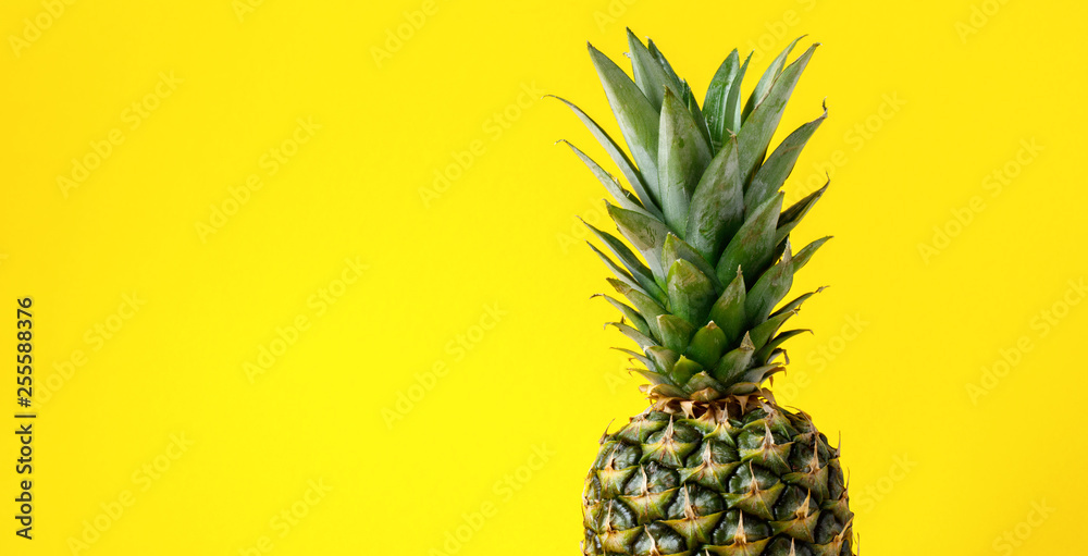 Pineapple on brightly yellow background. Minimal style. Food Idea .Summer concept.Copy space for Text.