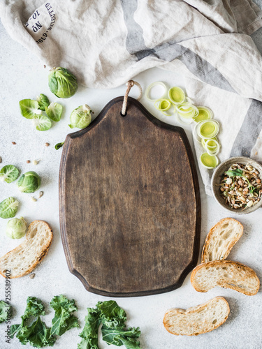 Bild auf Leinwand Raw vegetarian ingredients for cooking, germinated seeds and bread slices on tab