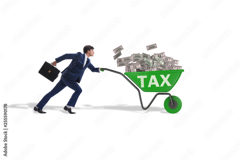 Businessman pushing wheelbarrow full of money in tax concept Businessman pushing wheelbarrow full of money in tax concept