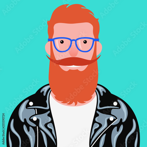 Vector portrait of happy bearded man in black leather jacket, white shirt and blue glasses. Smiling young hipster with red beard and mustache isolated on green background