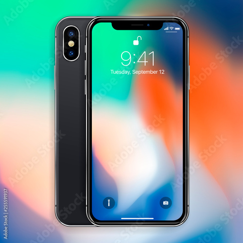 Smartphone in black color with blank screen. I phone X mockup - Simple way to put a picture or screenshot below glossy, shiny screen layer, which affects each pattern - in eps10