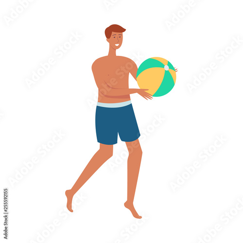 Vector topless man with ball plays beach volley