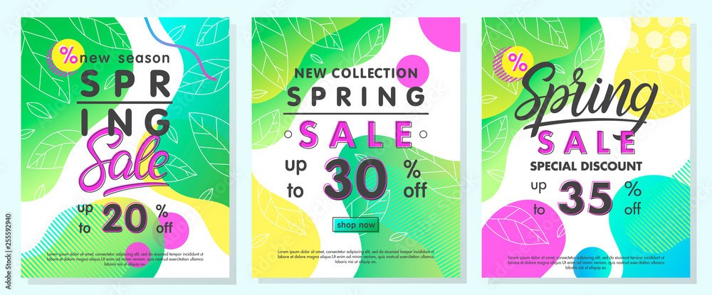 Fototapeta premium Spring special offer banners.Trendy promo layouts with gradient backgrounds,fluid shapes and geometric elements in memphis style.Sale posters perfect for prints,flyers,banners,promos,special offers.