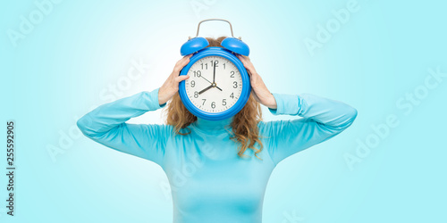 isolated woman with clock or alarm