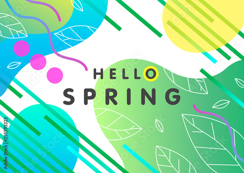 Trendy spring card with bright gradient background,tiny leaves,fluid shapes and geometric elements in memphis style.Bright abstract layout perfect for prints,flyers,banners,invitations,covers and more