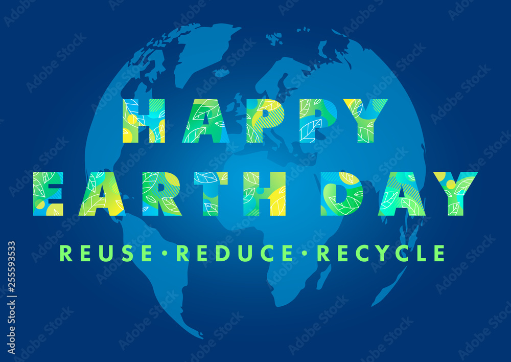 Happy Earth Day typography design.Letters with fluid shapes,tiny leaves and Earth silhouette on a background.Earth Day concept perfect for prints, flyers,banners design and more.Reuse,reduce,recycle.