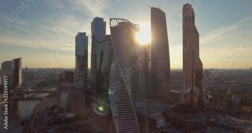Business Center Moscow City. skyscrapers. Aerial photography of the Moscow shopping center. Glass skyscrapers shot in a bright sunny day with glare on the glass. Moscow summer