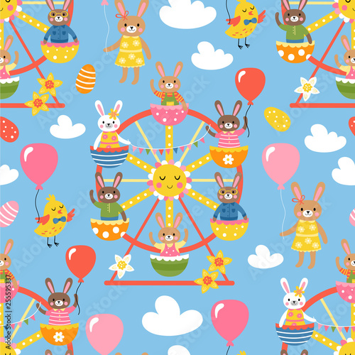 Seamless pattern for Easter with cute bunny characters on ferris wheel.