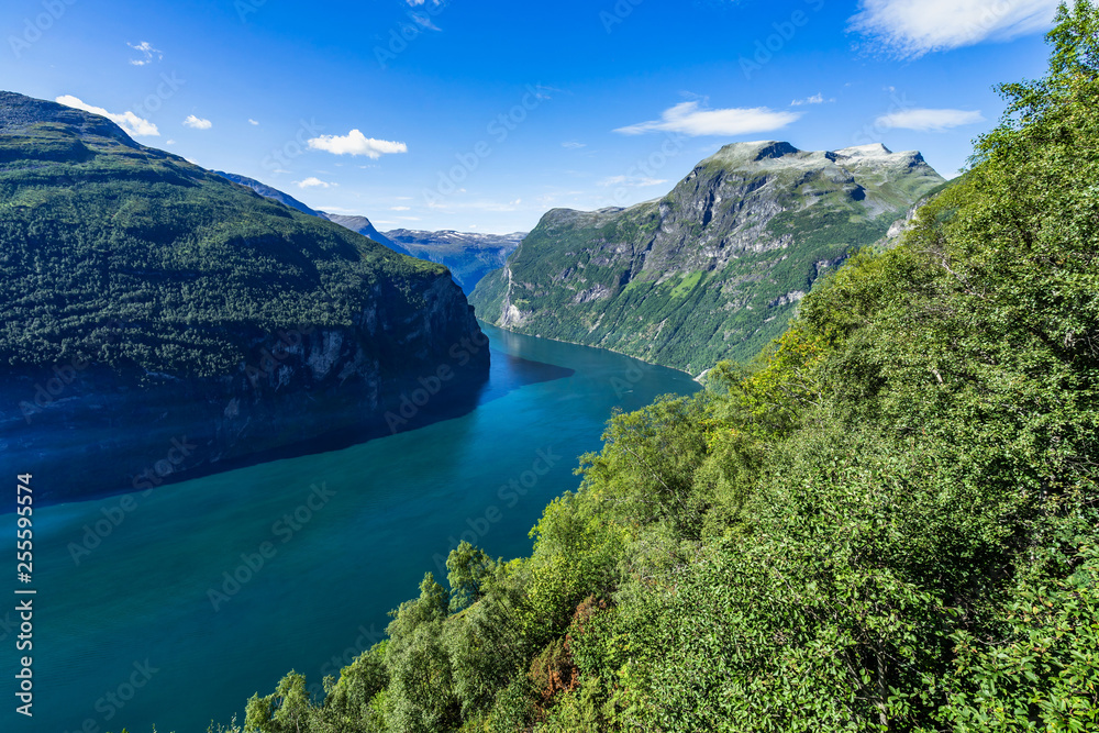 Eagle Bend at Geirangerfjord in a sunny day viewed form Eagle Road viewpoint (Ornevegen), Sunnmore, More og Romsdal, Norway
