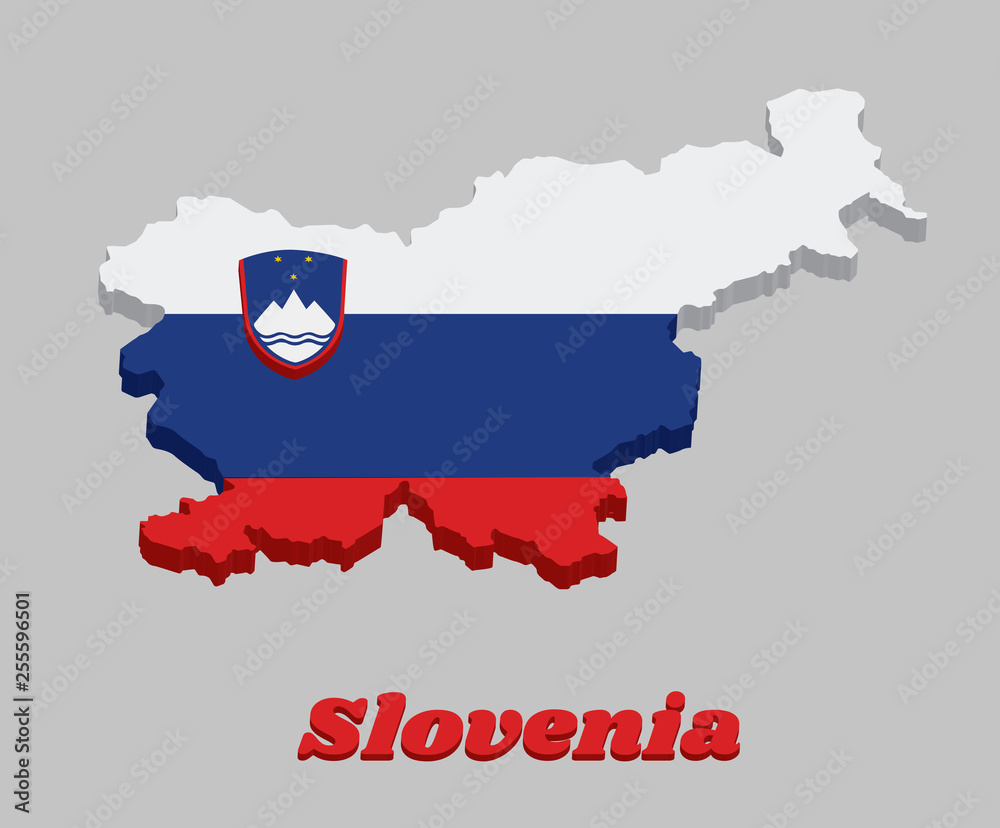3d Map outline and flag of Slovenia, a horizontal tricolour of white blue and red; charged with the Coat of arms at the hoist side.