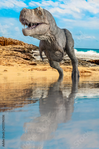 Fototapeta Naklejka Na Ścianę i Meble -  Tyrannosaurus on the water walking