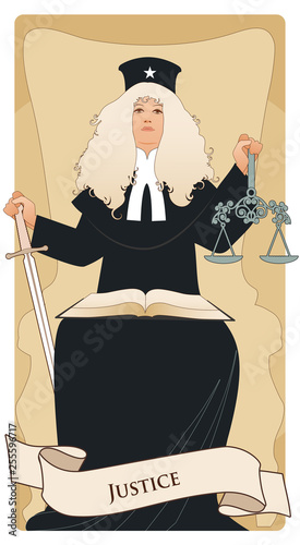 Major Arcana Tarot Cards. Justice. Woman dressed in a wig and judge's clothes, holding a sword in one hand and a scale in another, with an open book on the lap.