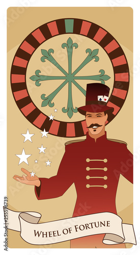 Major Arcana Tarot Cards. The Wheel of Fortune. Master of ceremonies with mustache, wearing top hat adorned with playing cards, showing a casino roulette