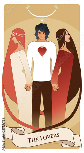 Major Arcana Tarot Cards. The Lovers. Young man holding two beautiful women by the hand. T-shirt with heart on the chest and bow and arrow on his head.