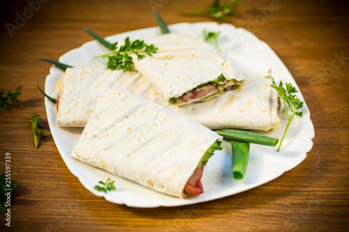 roll of pita with lettuce leaves, greens and sausage in a plate