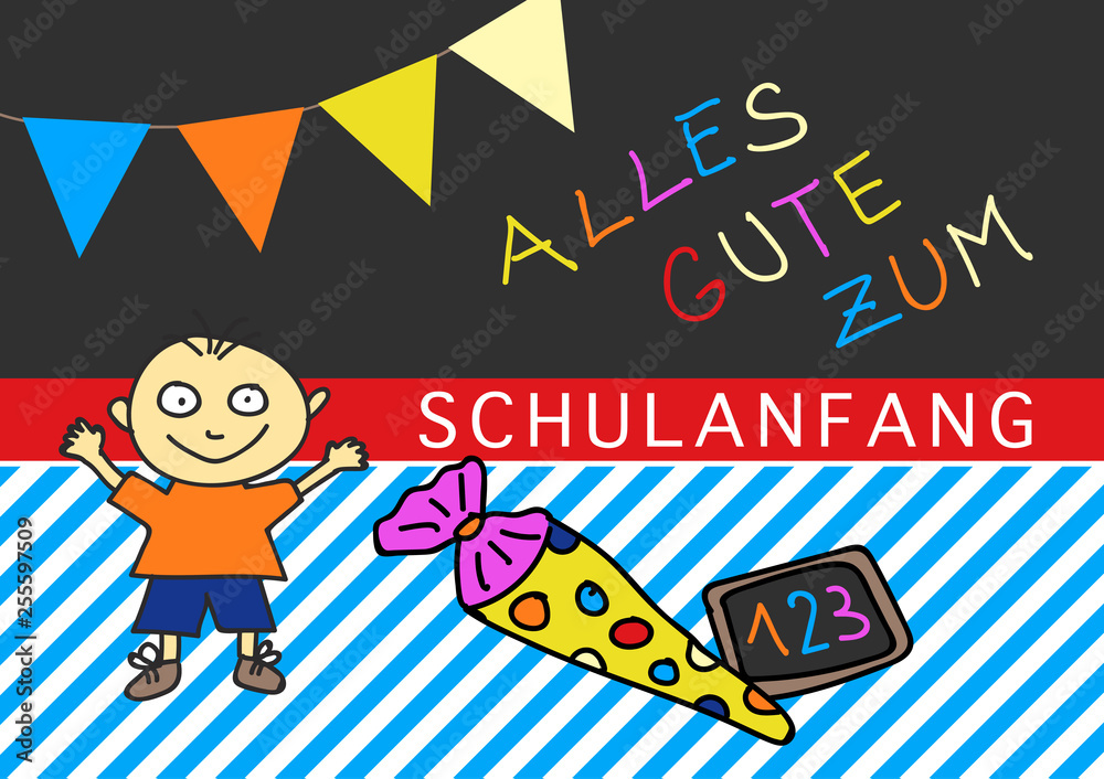 Fototapeta premium Alles Gute zum Schulanfang Karte mit Wimpelkette und Tafel