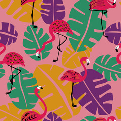 Fototapete Dschungelmuster fürs Kinderzimmer Flamingos zwischen tropischen Blättern  © Annykos