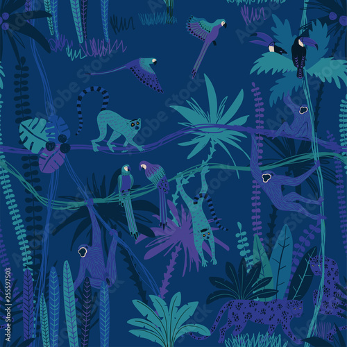 Jungle Wildlife Animals Seamless Pattern.