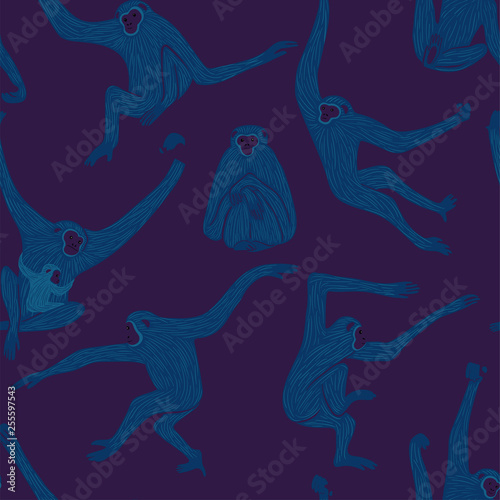 Seamless Pattern With Gibbon Monkey In Action.