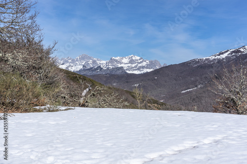 Photograph of the top of the valley full of snow with the snowy mountains in the background in the area of Picos de Europa de Leon, Spain.