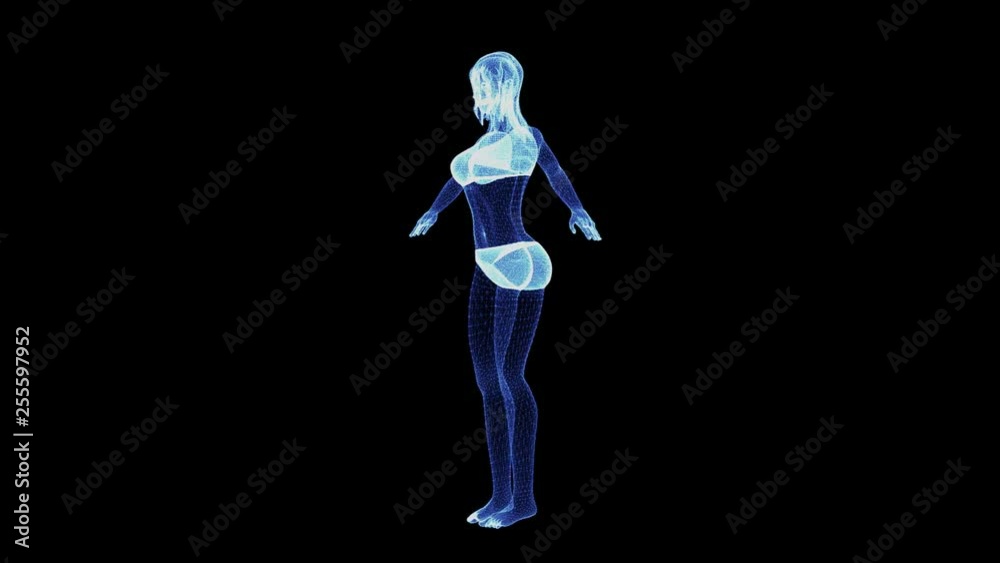The hologram of a rotating female body in lingerie. 3D animation of