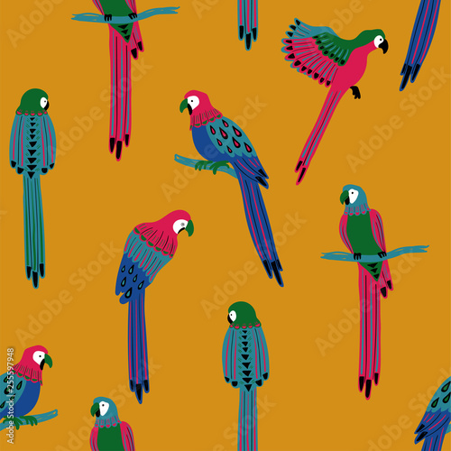 Seamless Pattern With Colorful Parrots.