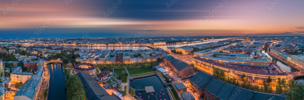 Panorama of Saint Petersburg. View from the height of the city center. Panorama of New Holland. Bridges of St. Petersburg. Russia in the summer. Cities of Russia. Streets in St. Petersburg.