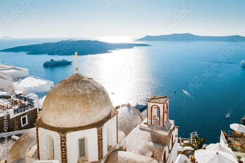 Santorini Greece Oia colourful bouldings at the village looking out over the caldera of Santorini with blue and white house photo