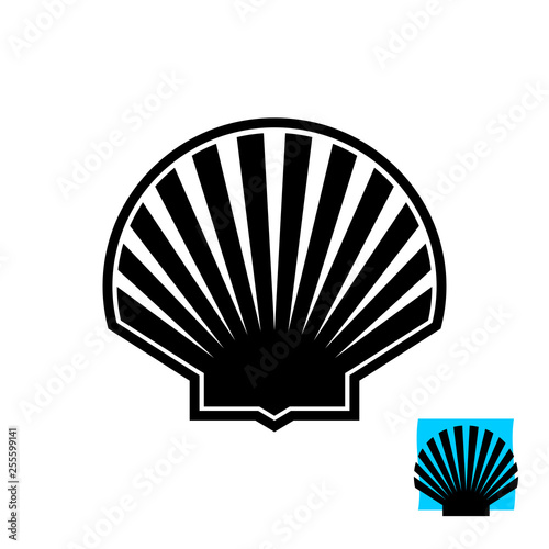 Sea shell black silhouette sign. Scallop logo.