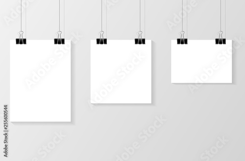Collection of various white note papers with curled corner, pinned red pushbutton, ready for your message. Vector illustration. Isolated on white background. Front view. Top view. Close up.