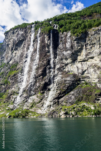 Close up of the Seven Sisters Waterfall over Geirangerfjord during summer  Sunnmore  More og Romsdal  Norway