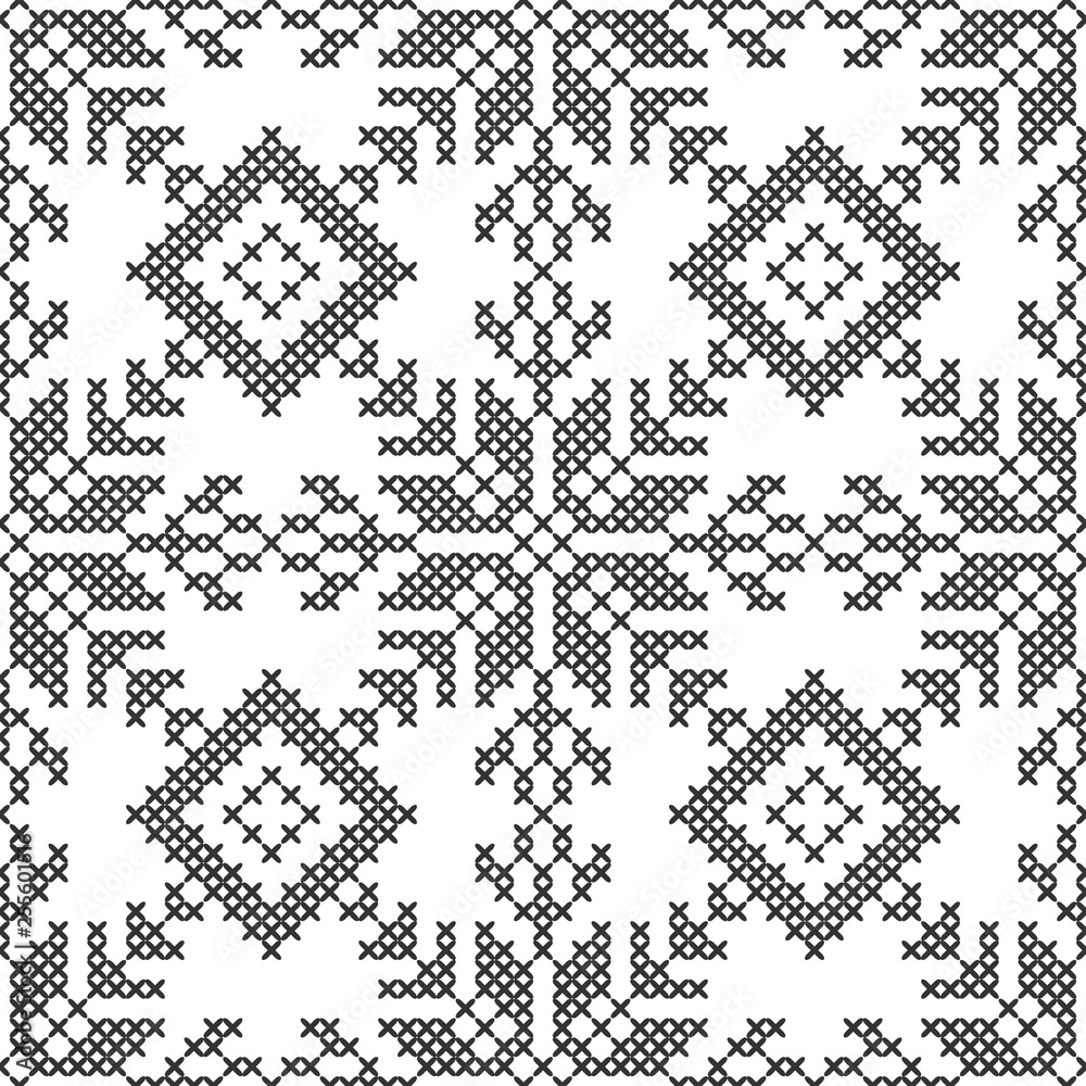 Fototapeta premium Cross stitch. Black and white seamless pattern. Embroidery, knitting. Abstract geometric background. Ethnic ornaments.