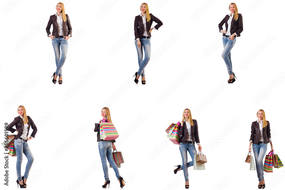 Fototapeta premium Beautiful woman with shopping bags isolated on white