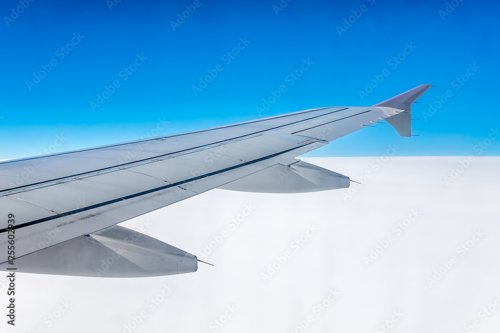 Window view of the wing of an airplane