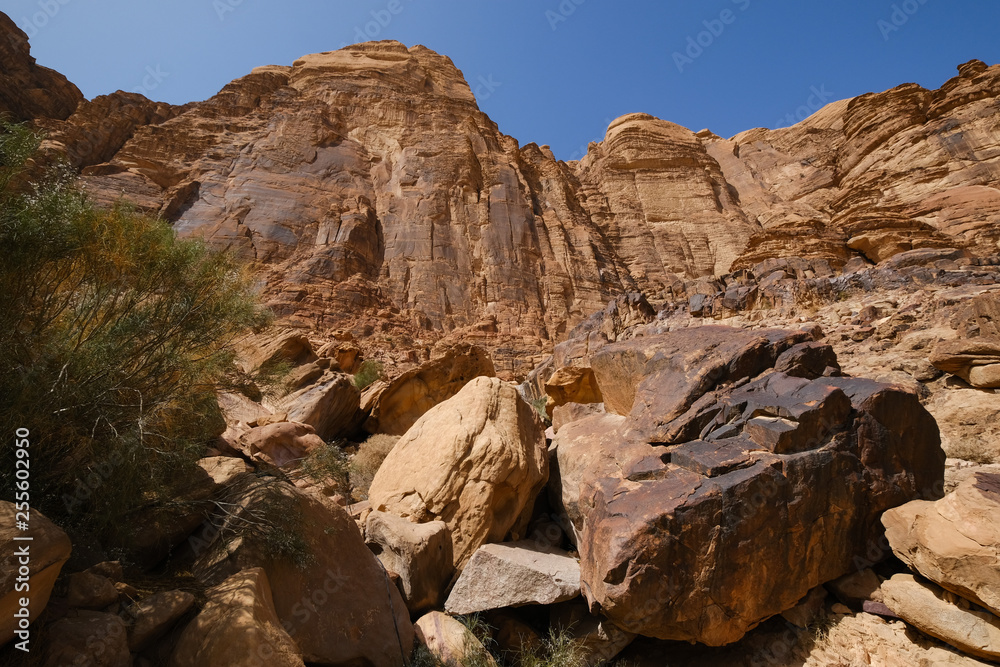 Red rocky landscape of Wadi Rum desert in Jordan